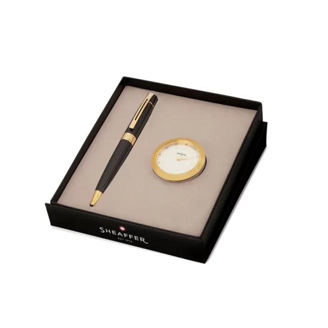 Sheaffer Gift Set 300 9325 Ballpoint Pen with Table Clock Glossy Black with Gold Trims