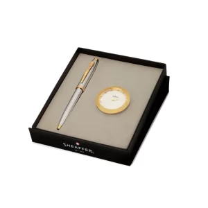 Sheaffer 100 G9340 Gift Set 100 Ballpoint Pen with Table Clock Bright Chrome with Gold Trims