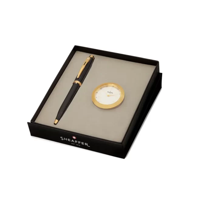 Sheaffer 9322 Gift Set 100 Ballpoint Pen with Table Clock Glossy Black with Gold Trims