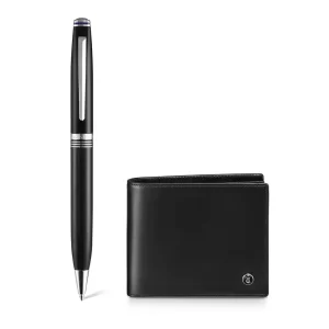 Gift Set Lapis Bard Contemporary Ballpoint Pen With Mayfair Coin Pocket Wallet Black and Chrome