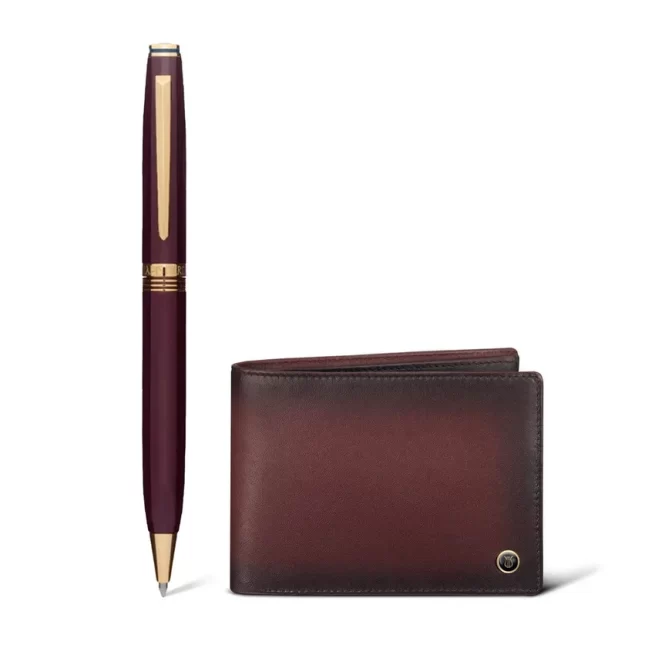 Lapis Bard Gift Set Contemporary Ballpoint Pen with Ducorium Wallet Bordeaux with Gold Trims