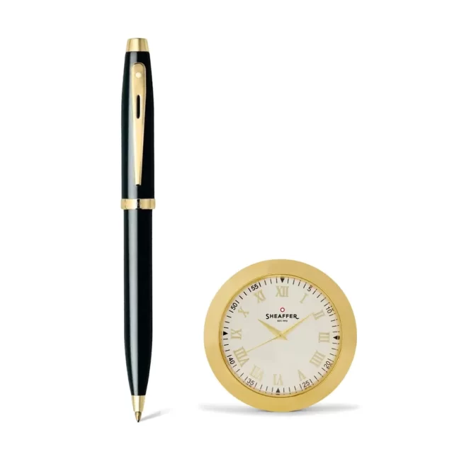 Sheaffer 9322 Gift Set 100 Ballpoint Pen with Table Clock Glossy Black with Gold Trims