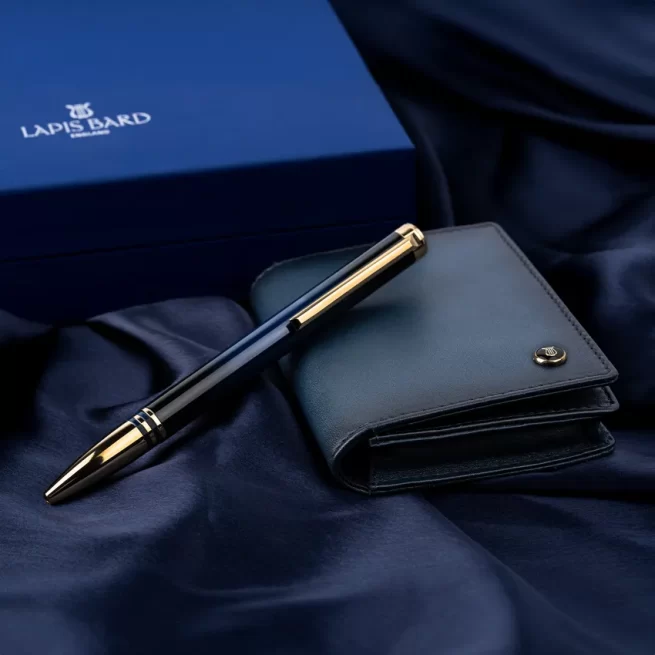 Lapis Bard Gift Set Torque Ballpoint Pen with Ducorium Business Card Holder - Blue with Gold Trims