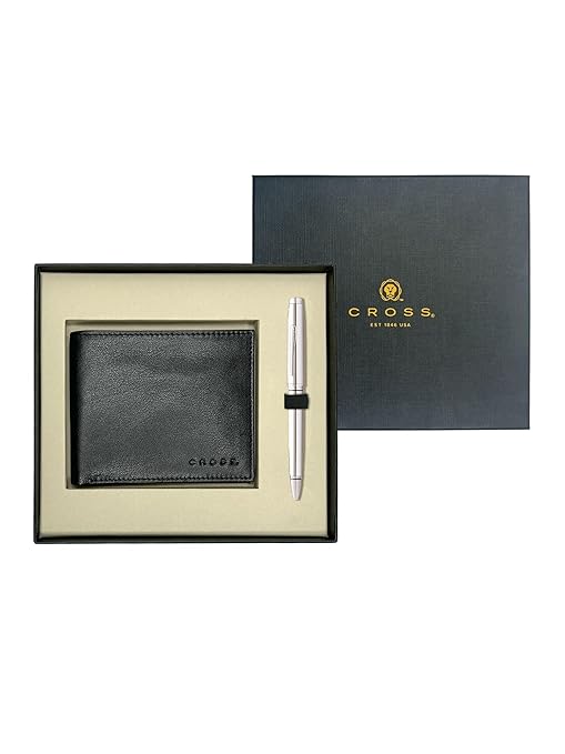 Cross Coventry Chrome BP Pen with Black Leather Card Wallet-AT0662-7
