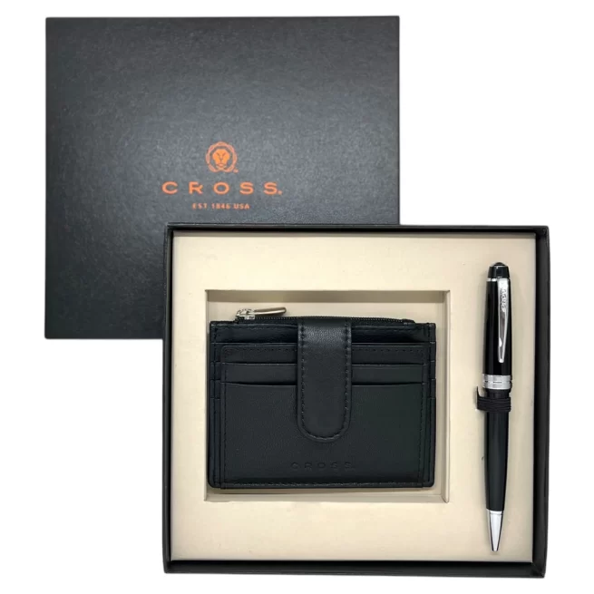 Cross Bailey Light Black BP Pen with Black Leather Card Wallet-AT0742-1